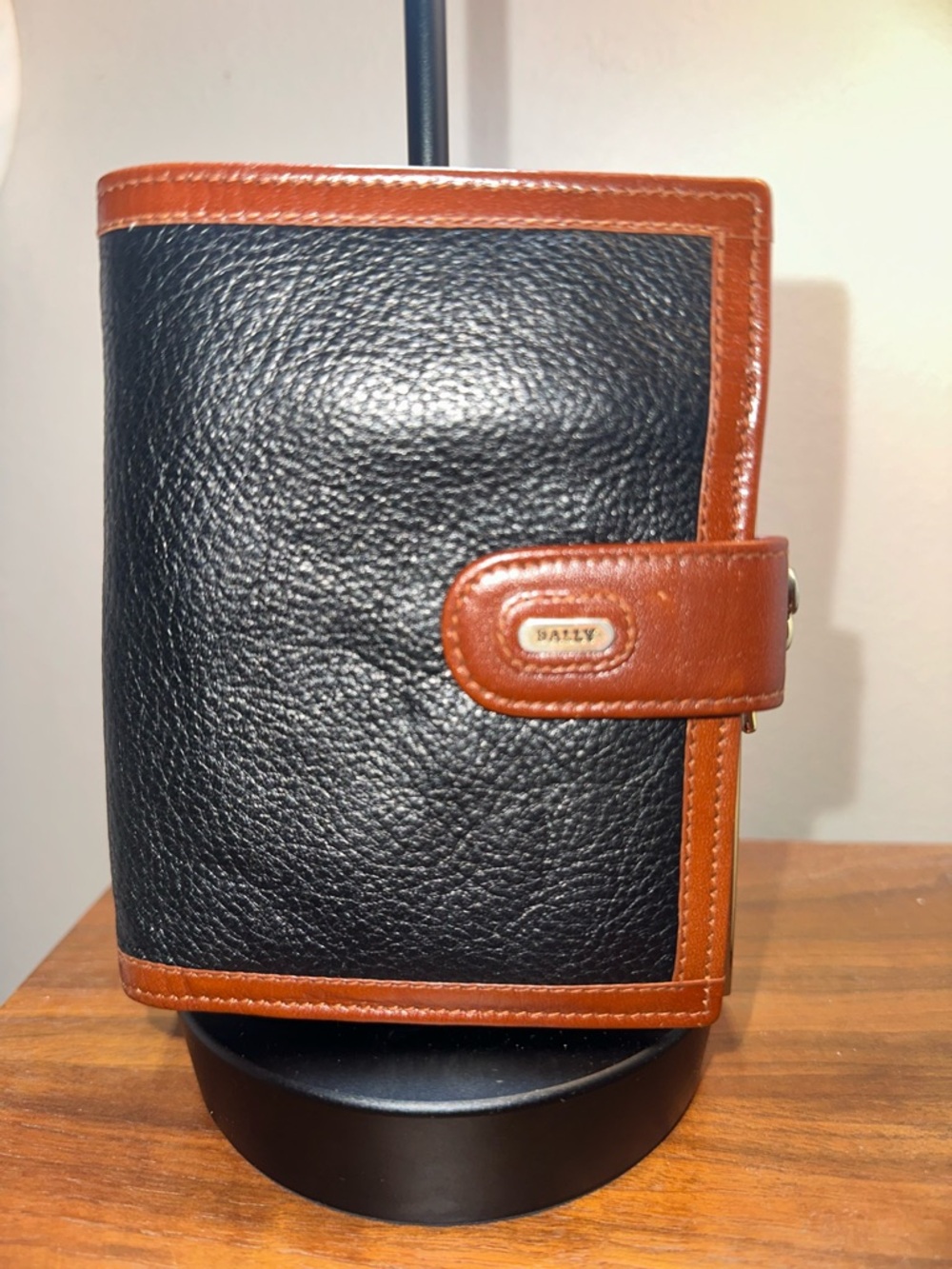 BALLY Colorblock Leather Black + Cognac Wallet • Gold Kisslock • Vintage Luxury